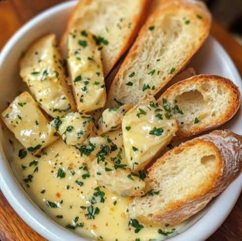 A small bowl of garlic butter dipping sauce surrounded by fresh bread slices.