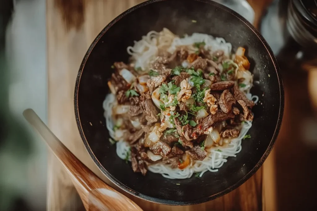A delicious plate of beef and rice noodles.