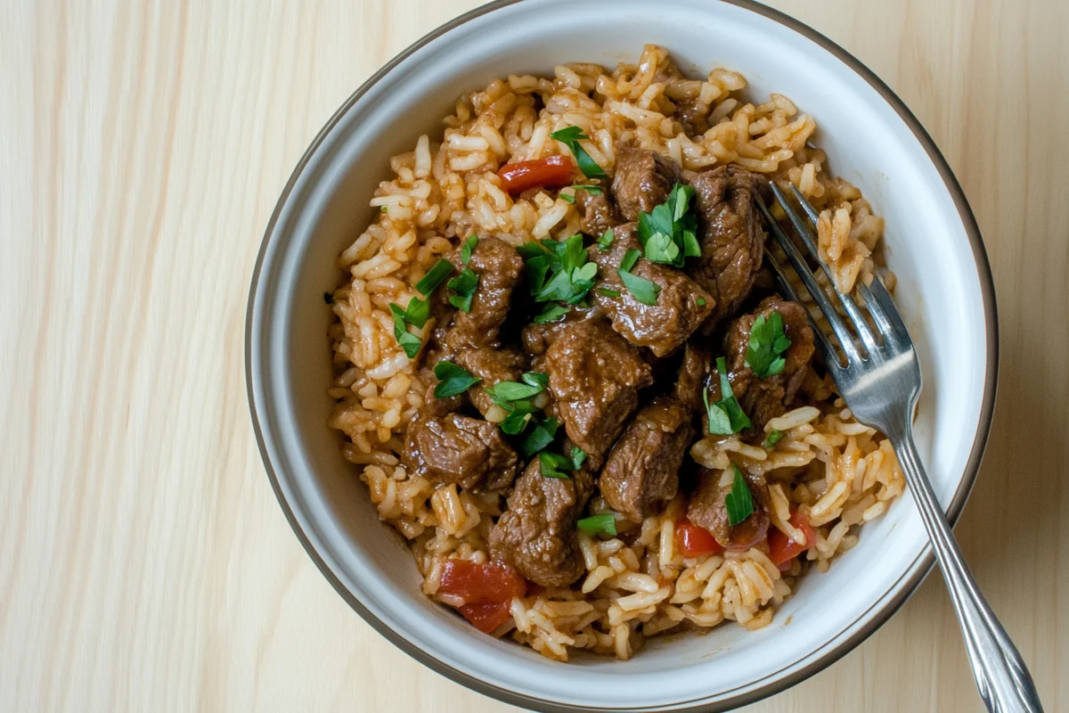 Delicious beef and rice a roni in a serving bowl.