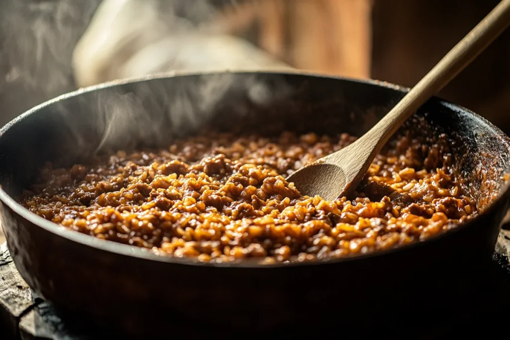 Homemade hamburger helper beef rice dish.