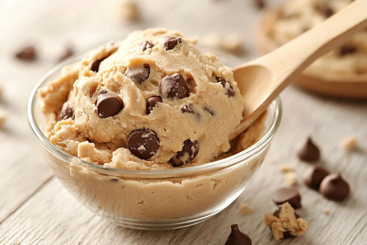 Creamy peanut butter cookie dough in a bowl.