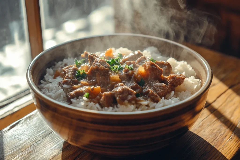 Delicious rice and stew beef dish.