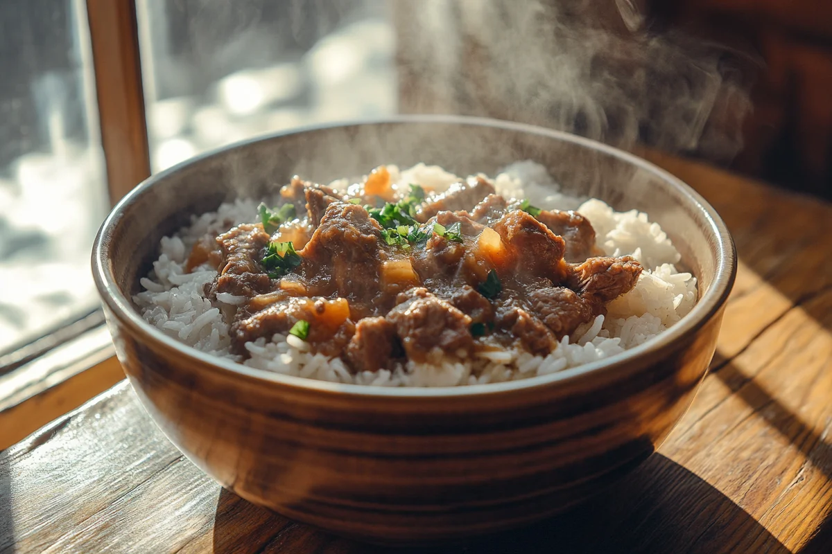 Delicious rice and stew beef dish.