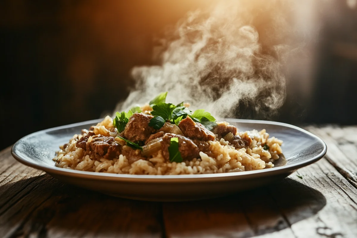 Homemade rice beef stroganoff dish.