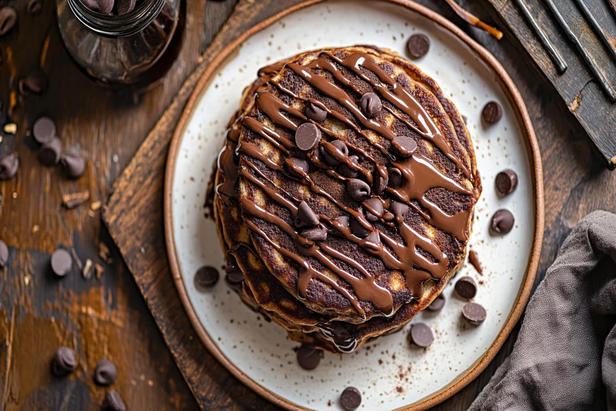 “Delicious chocolate chocolate chip pancakes served on a white plate.”