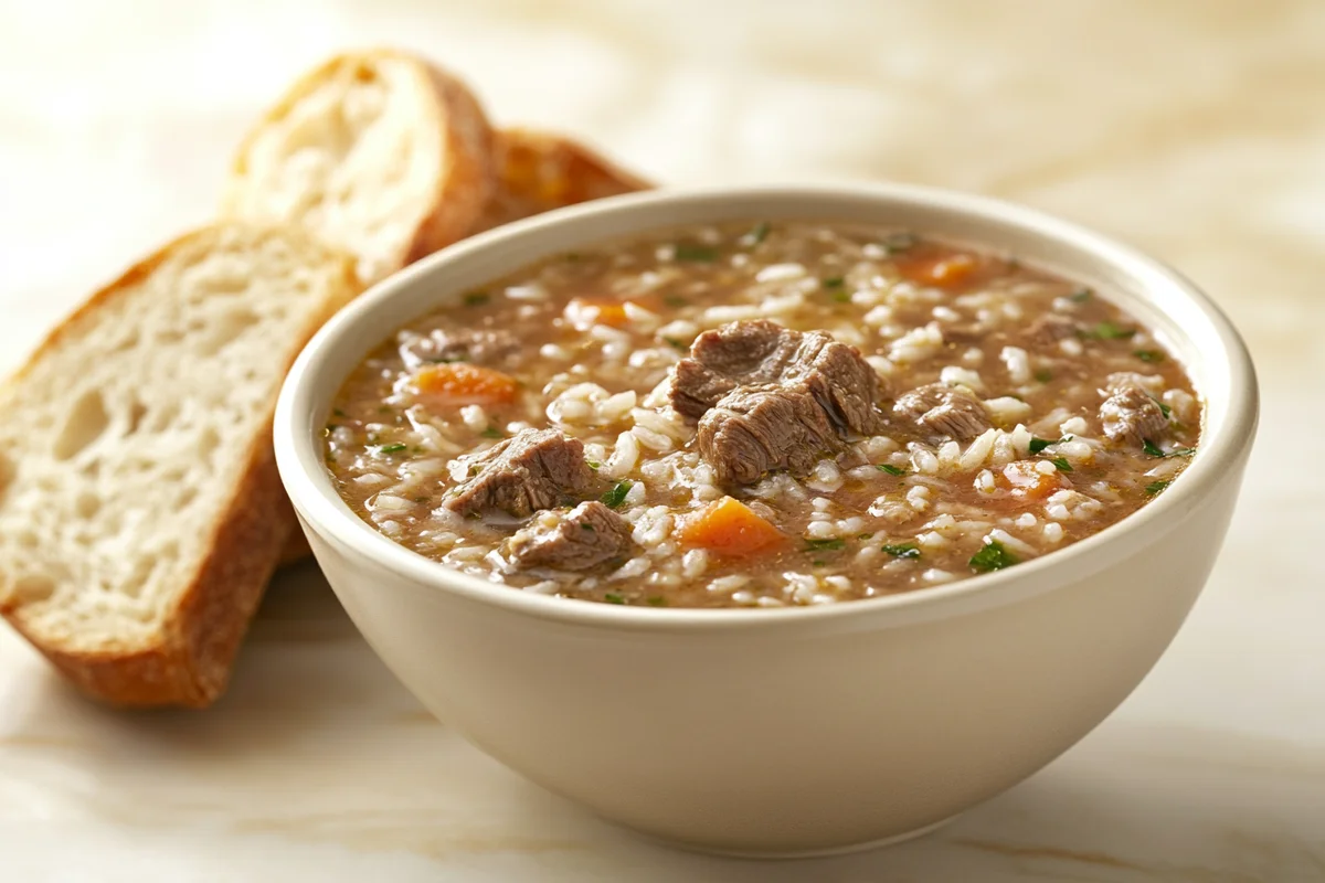A comforting bowl of beef rice soup.