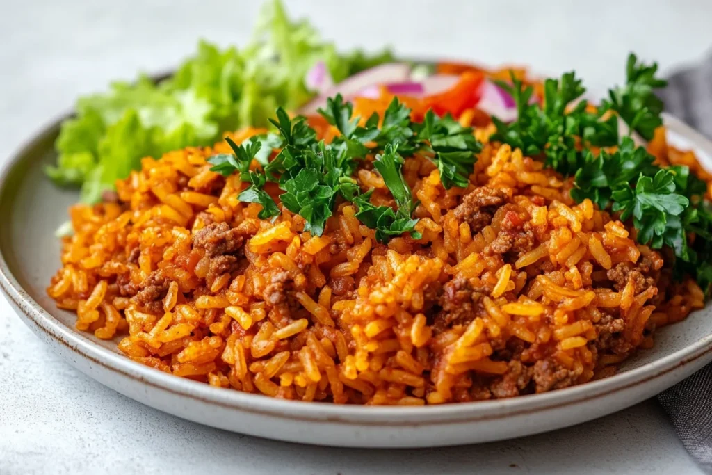 Delicious dirty rice ground beef in a bowl.