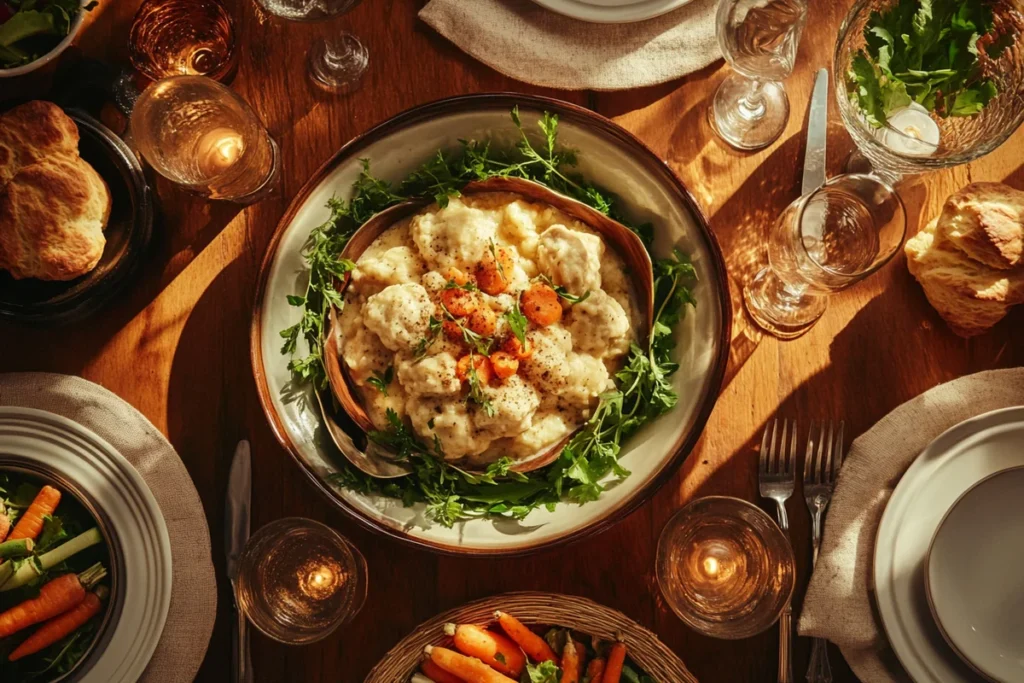 Delicious side dishes shown with chicken and dumplings, especially.