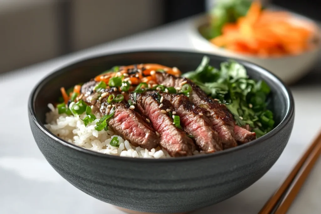 A delicious steak rice beef bowl