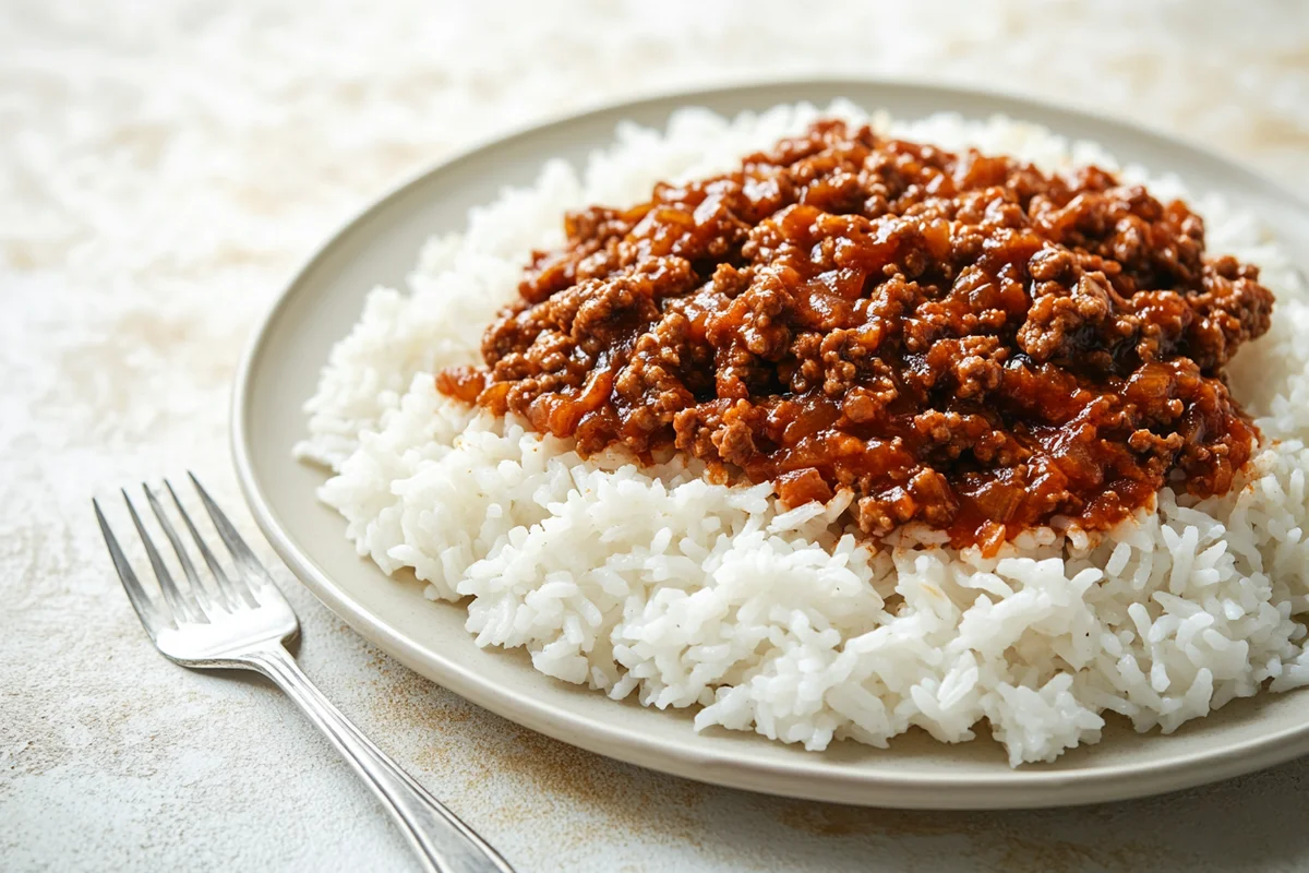 A dish of beef rice barbecue sauce.