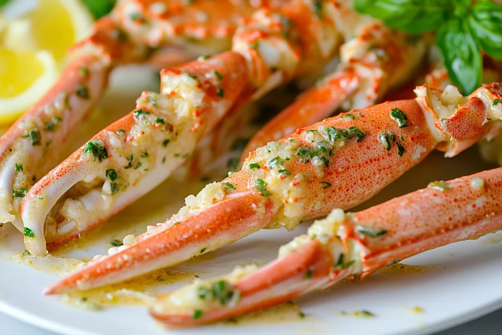 Naturally cooked garlic butter crab legs being drizzled with sauce.