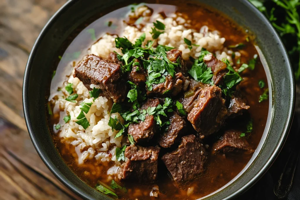 Fluffy beef broth rice in a rustic bowl.