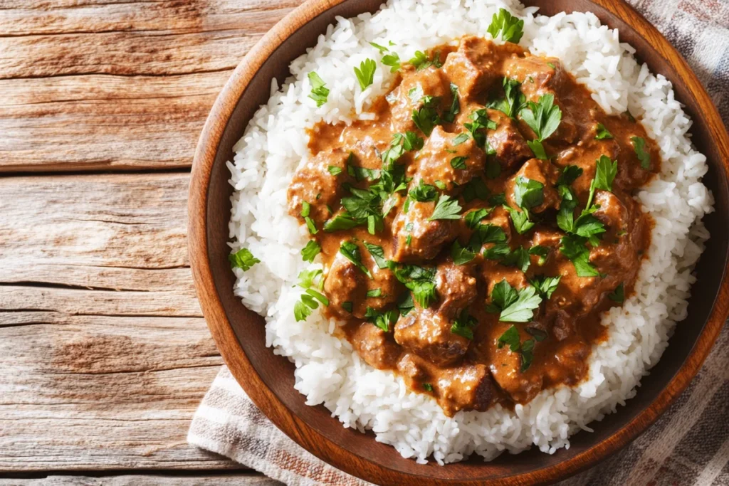 Beef stroganoff with rice served hot and garnished with parsley.