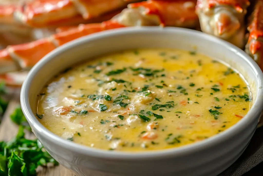Naturally made garlic butter sauce for crab legs in a small bowl.