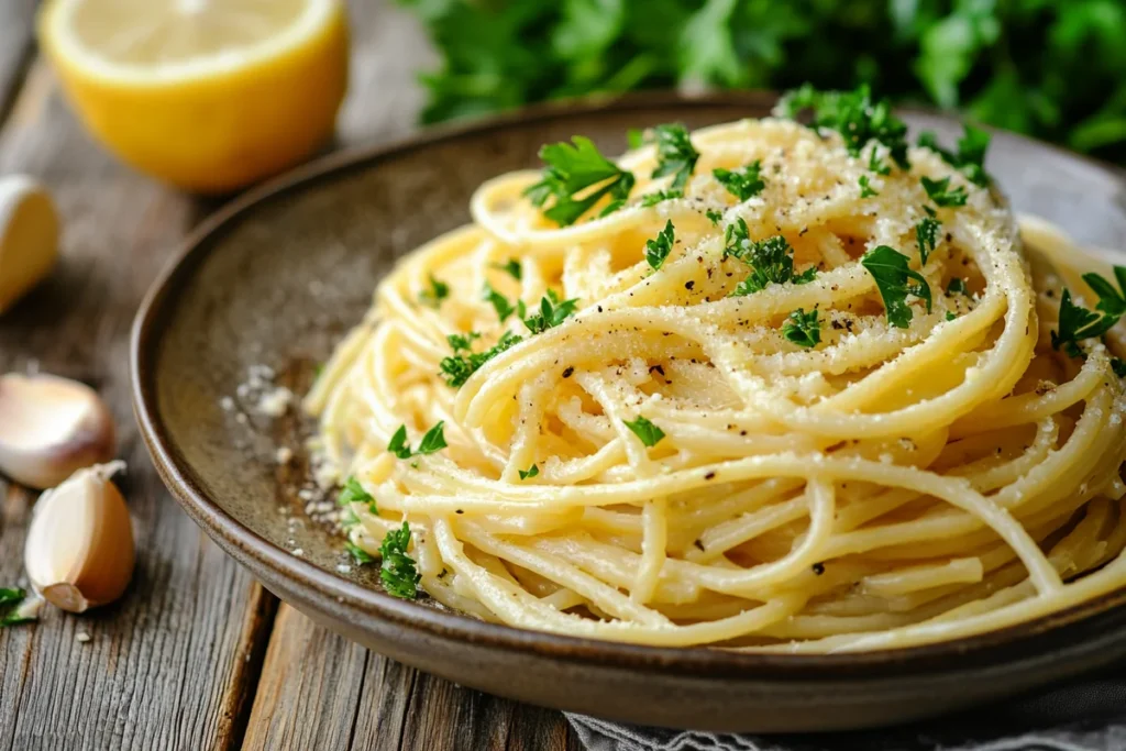 Naturally delicious lemon garlic butter pasta sauce being tossed with spaghetti.