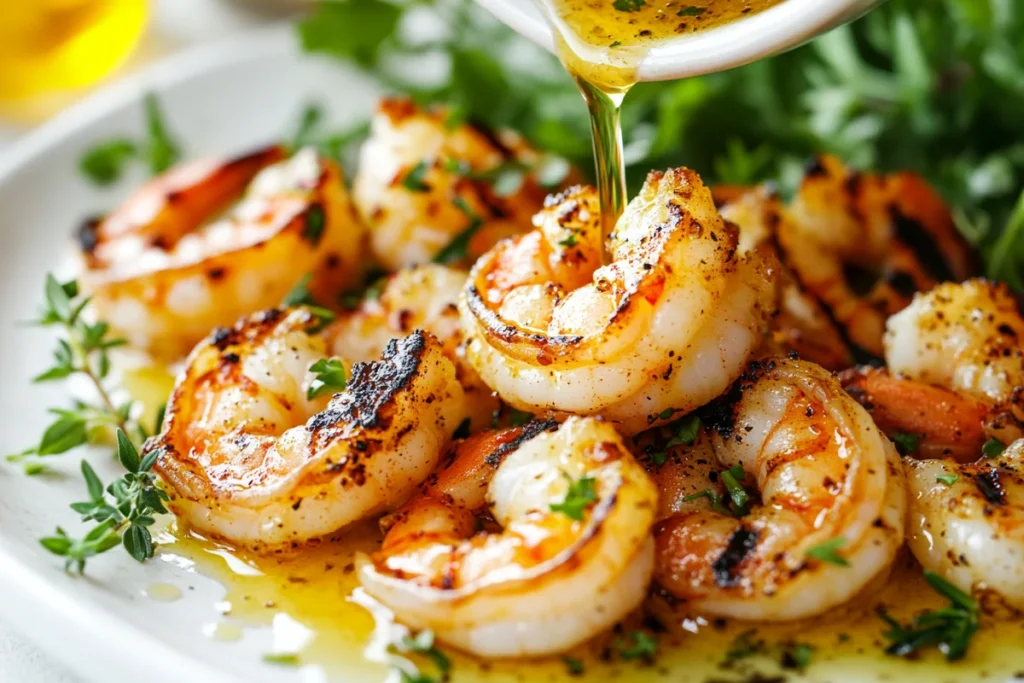 Naturally delicious cajun garlic butter sauce being poured over shrimp.
