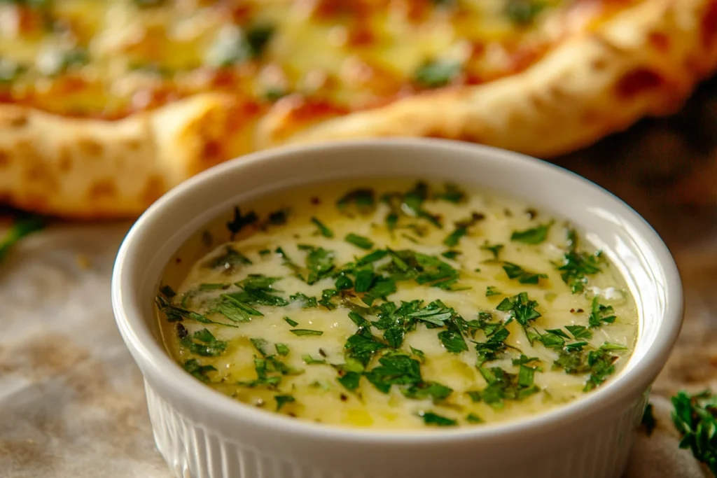 Naturally delicious garlic butter dipping sauce for pizza, served in a small bowl.