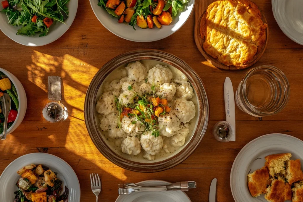 What to eat with chicken and dumplings shown on a table.