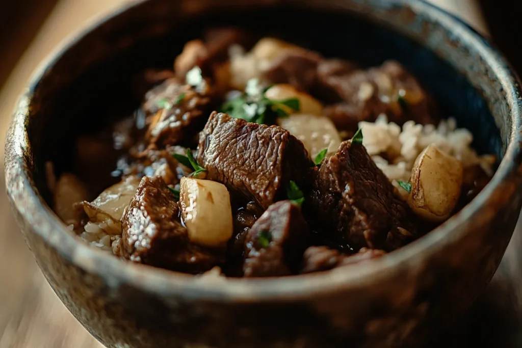 Close up of a bowl of stewing beef and rice.