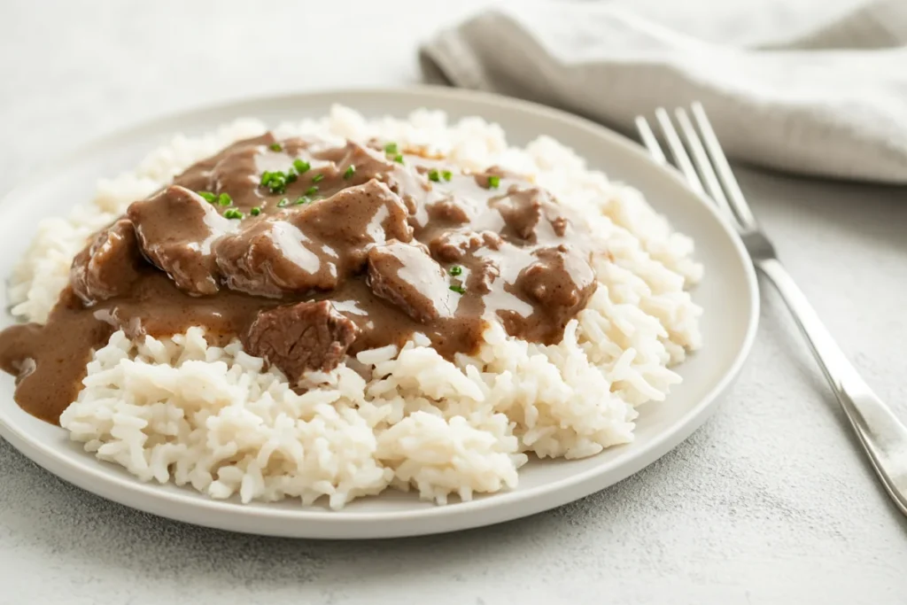 Easy beef tips and rice with brown gravy.