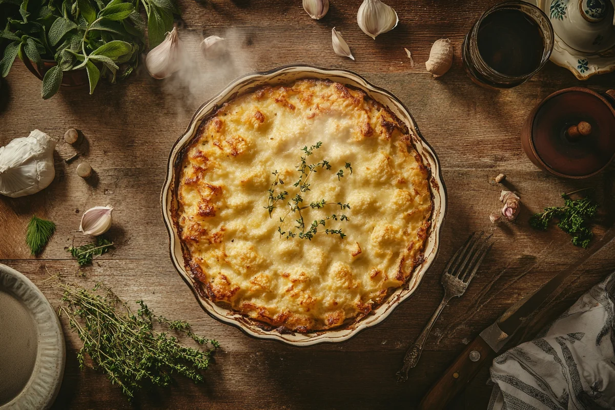 Tasty homemade chicken and dumpling casserole ready to eat.