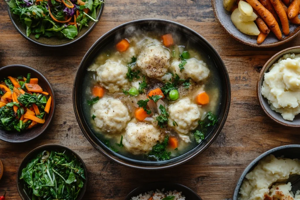A delicious serving of chicken and dumplings with complementary sides.
