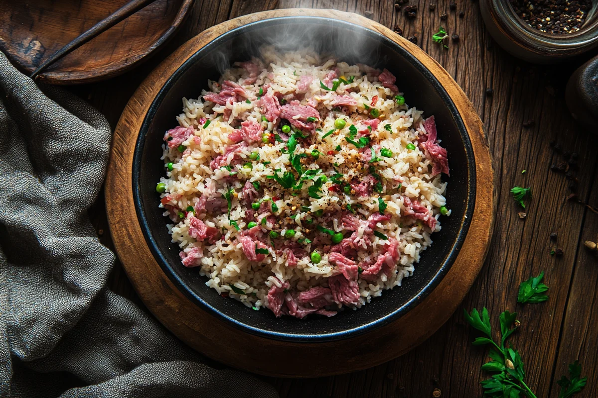 Corned beef rice served in a bowl.