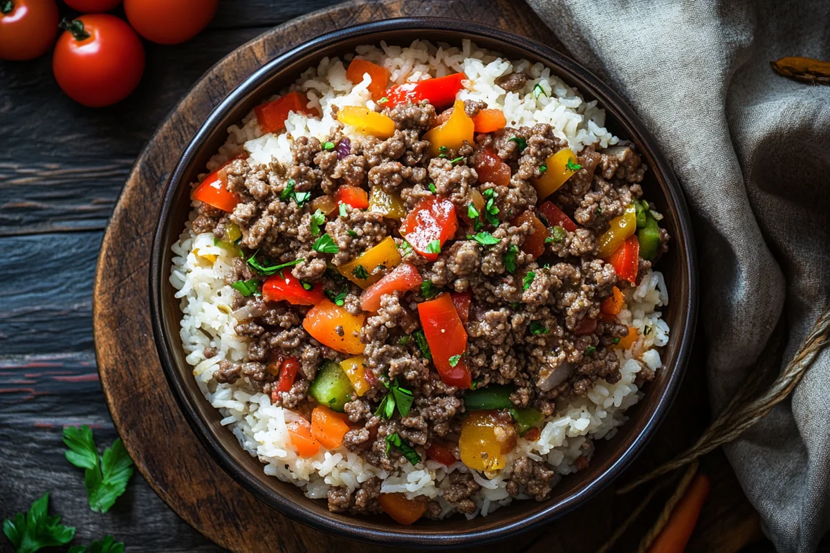A delicious ground beef rice bowl with various toppings.