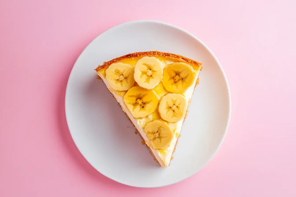 Creamy banana cheesecake recipe slice on a plate.