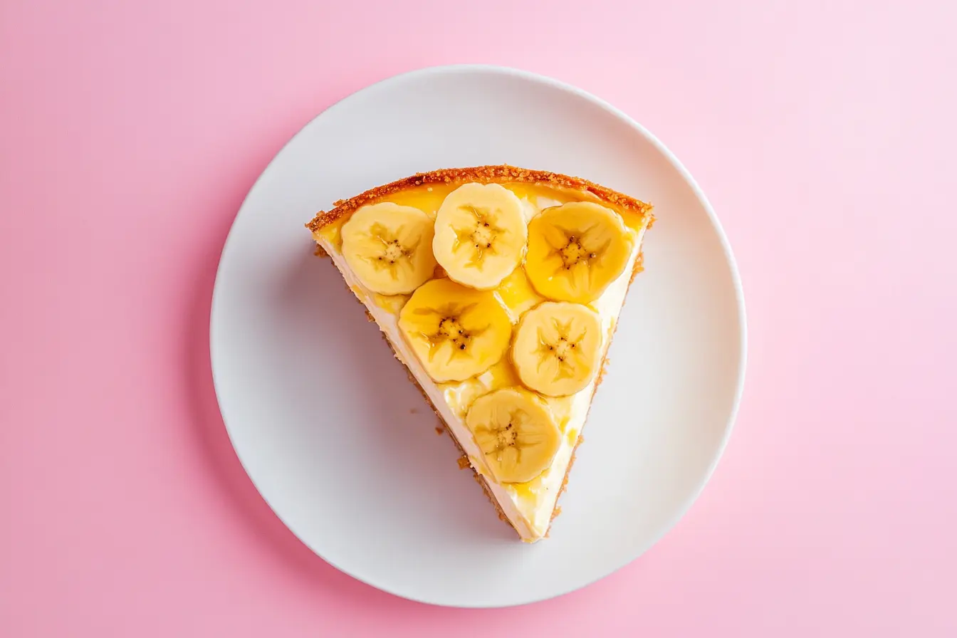 Creamy banana cheesecake recipe slice on a plate.