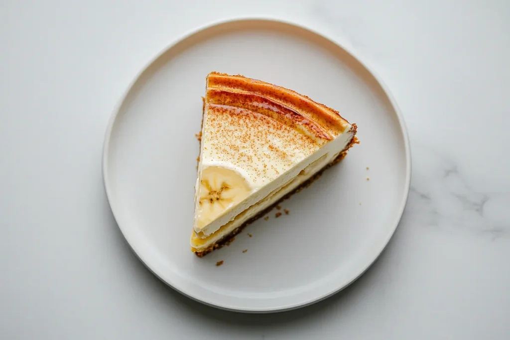Slices of banana pudding cheesecake recipe on a plate.
