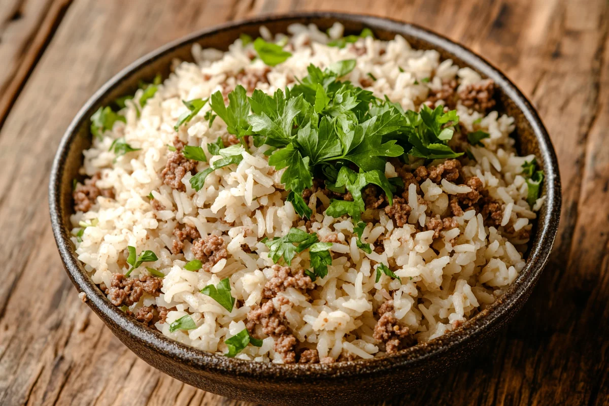Delicious dirty rice with ground beef.