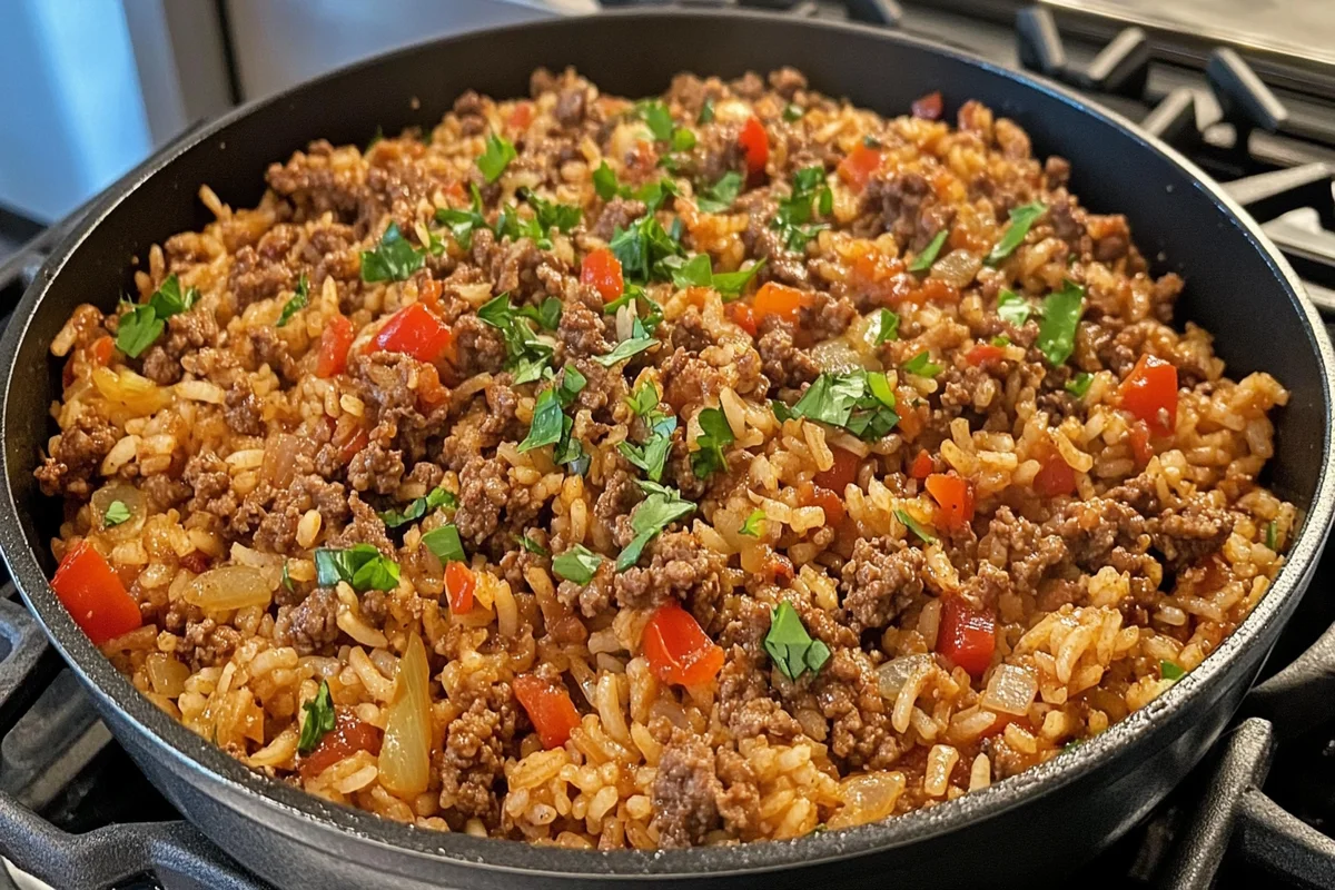 A tempting close-up of a bowl of dirty rice with ground beef, highlighting its texture and color.