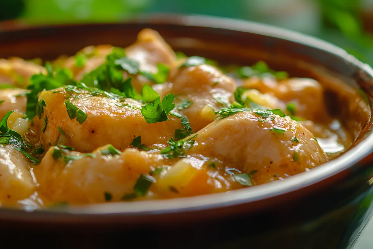 A bowl of chicken and dumplings ready to serve.
