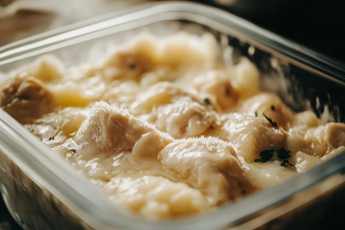 Frozen chicken and dumplings in a box.
