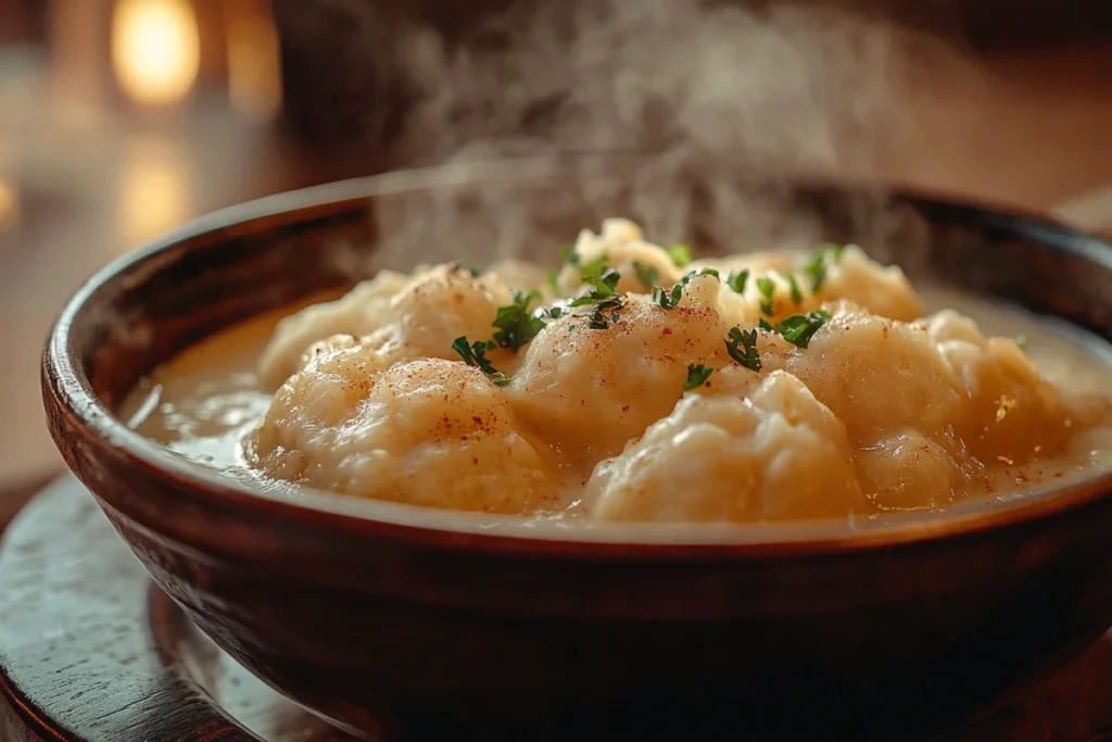 A bowl of cracker barrel chicken and dumplings.