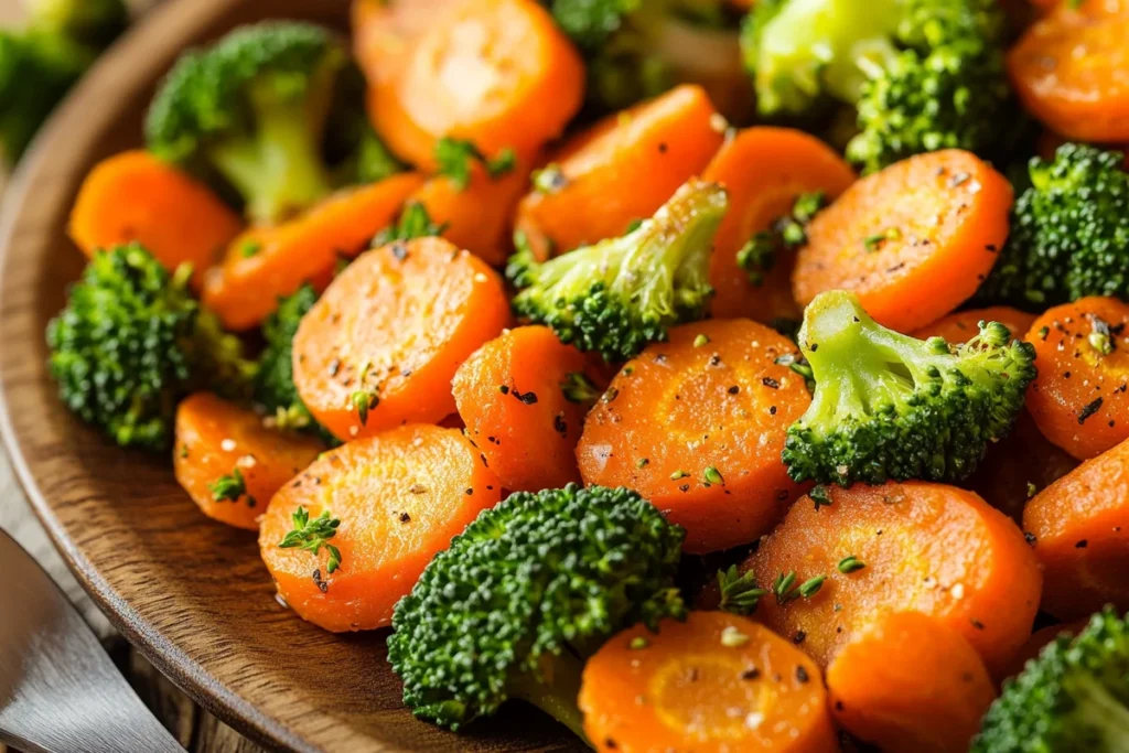 Yummy roast carrots and broccoli on a plate ready to eat.