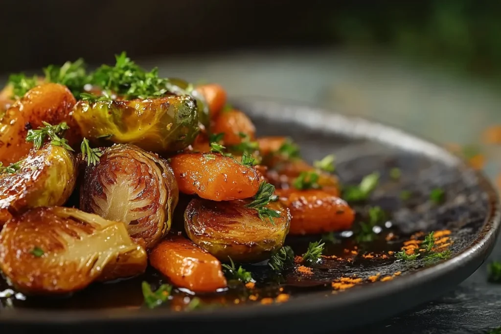 A plate of delicious roasted brussel sprouts and carrots.