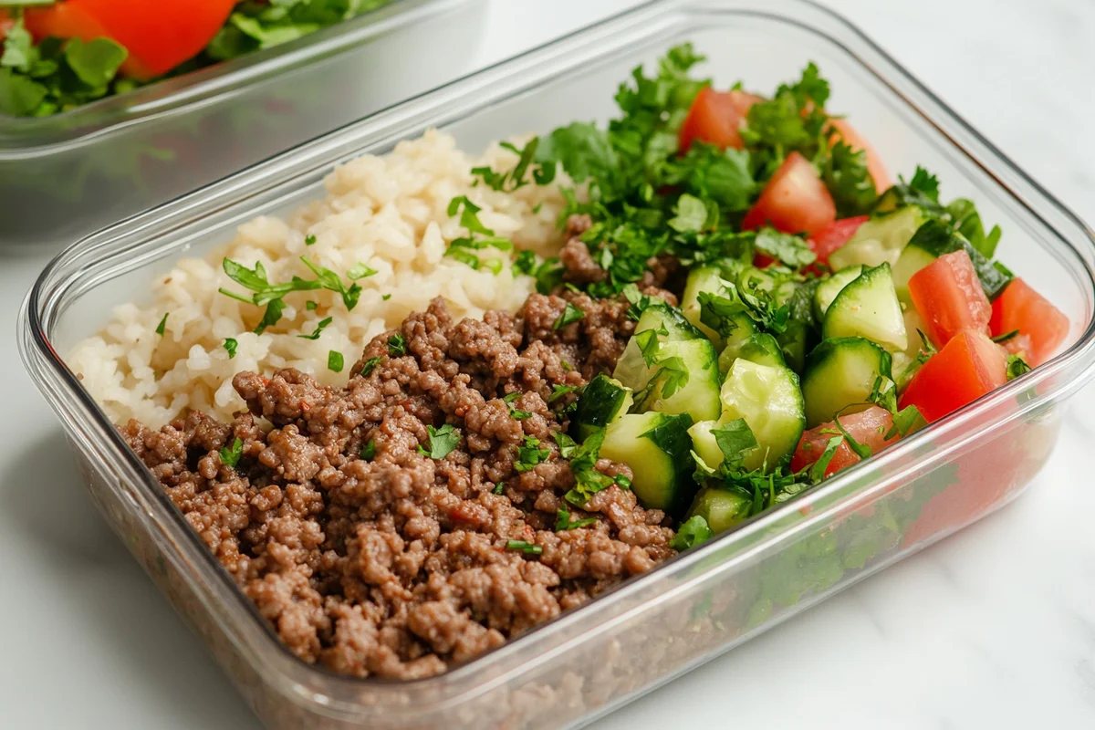 Naturally beef and rice meal prep