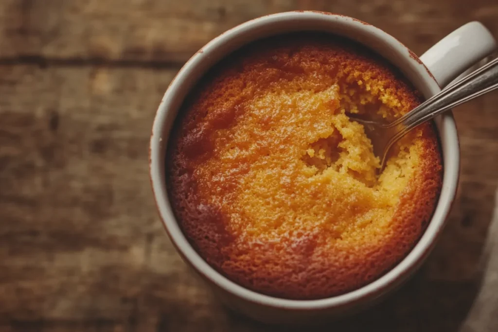 Warm microwavable pumpkin dessert mug cake with a spoon.