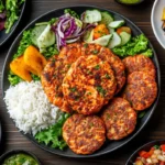 What to serve with salmon patties image featuring a plate of salmon patties with various side dishes.