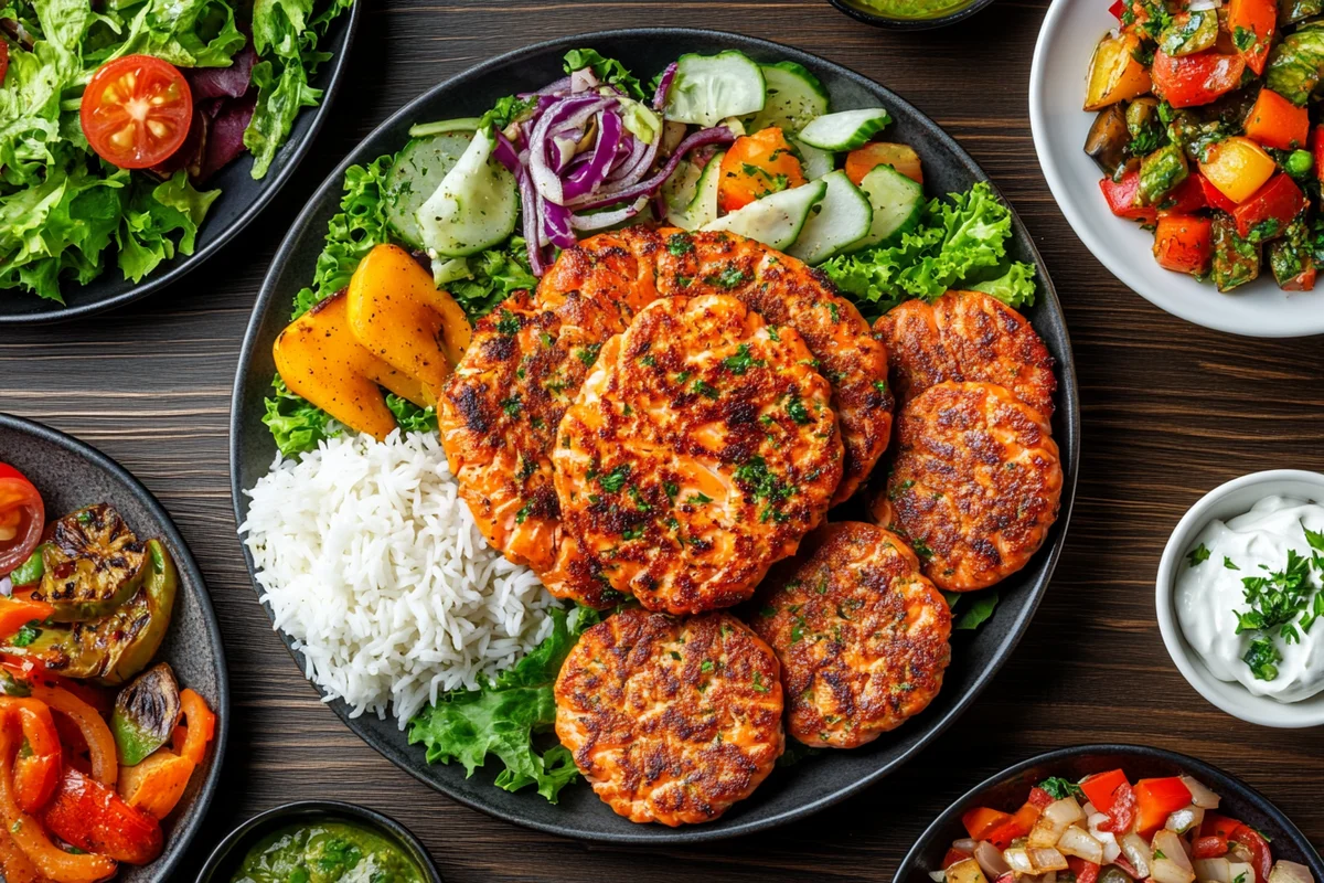 What to serve with salmon patties image featuring a plate of salmon patties with various side dishes.