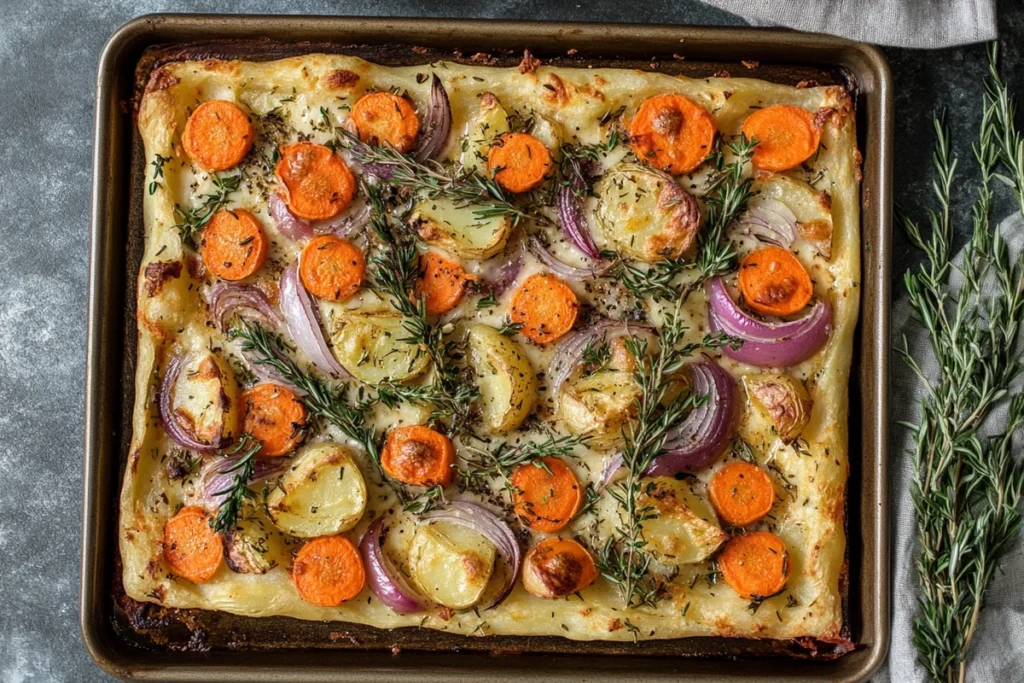 Roasted potatoes, carrots, and onions dish with herbs and spices