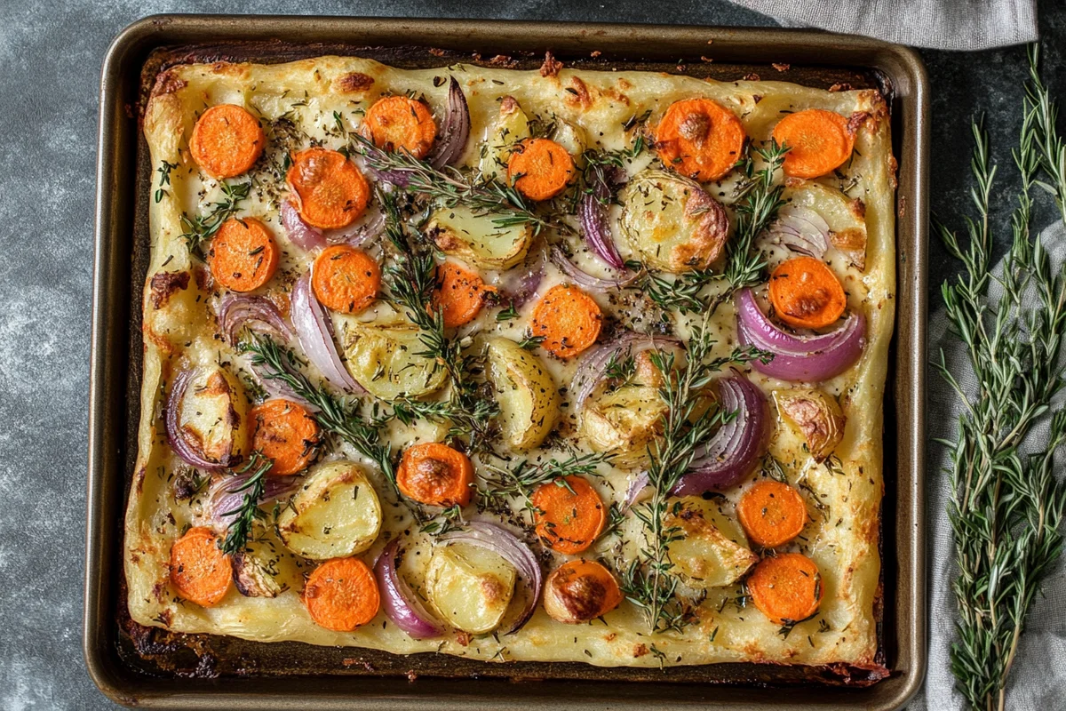 Roasted potatoes, carrots, and onions dish with herbs and spices