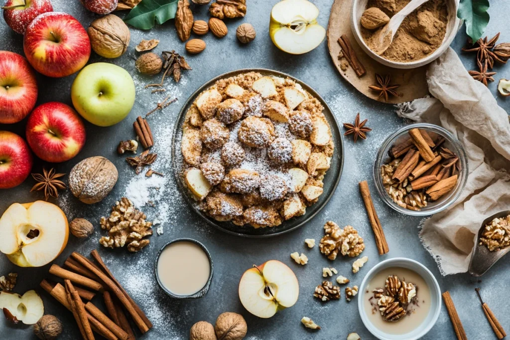 Overhead view of fall dessert recipes ingredients on a kitchen counter.