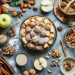 Overhead view of fall dessert recipes ingredients on a kitchen counter.
