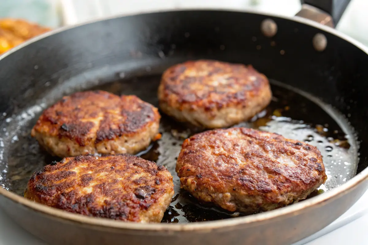 Sizzling breakfast sausage in a skillet