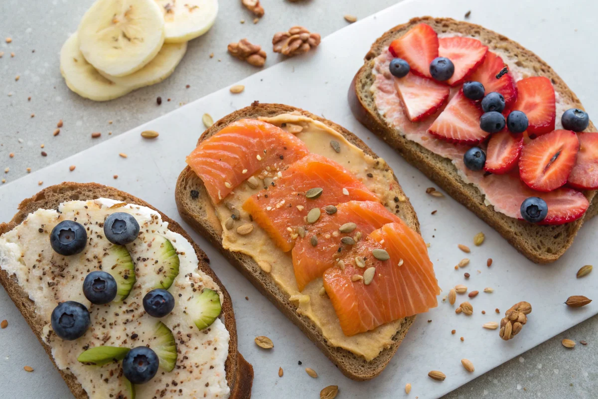 Assorted sourdough breakfast toppings.